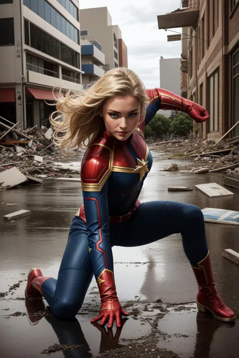 (masterpiece, best quality),  intricate details,
1girl,    <lora:cptmarvel-nvwls-v1:0.8> cptMarvel, bodysuit, red gloves, belt, blonde hair, blue eyes, 
city, rain, wet, 
hero landing, night, cracked pavement, debris, destroyed buildings, smoke, dark,