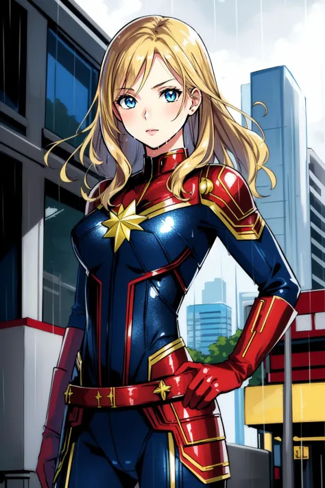 (masterpiece, best quality),  intricate details,
1girl,    <lora:cptmarvel-nvwls-v1:0.8> cptMarvel, bodysuit, red gloves, belt, blonde hair, blue eyes, 
city, rain, wet, hands on hips, proud,