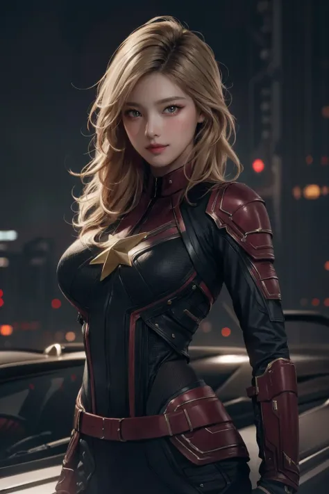 realistic, photorealistic, best quality, masterpiece, ultra high res, finely detailed, quality, realistic lighting, detailed skin, intricate details, raw photo, absurdres, highres, ultra detailed, BREAK, 1girl, solo, looking at viewer, 18 years old, hand of Guido Daniele, (cptmarvel, bodysuit, red gloves, belt, blonde hair, cityscape with a beautiful night view, leaning forward, large breasts, toned, smile, hand up, fist, solo focus, blush), (beautifu and aesthetic face, detailed face, clean facial features, an extremely delicate and beautiful, beautiful detailed eyes, stars in the eyes, Pink lips, Glowing Eyes, perfect face, detailed pupils, Makeup:1.1), (nice hands, sexy, slim, large breasts, skinny, narrow waist, human anatomy:1.1), (detailed light, beautiful detailed glow, detailed background:1.1), (reflection, refraction, Rembrandt lighting, diffuse lighting, radiosity, photon mapping, subsurface scattering, dynamic lighting, Multi-exposure HDR capture, Screen Space Global Illumination, Ray Tracing, Lumen Reflections, Tone Mapping, volumetric lighting, Circular polarizer, broad lighting, dramatic lighting:1.1), BREAK, explosive light and shadow, sharp focus, film grain, rim lighting, two tone lighting, rim light, Overdetailed art, official art, beautiful and aesthetic, beautiful, elegant, vivid colours, warm tone, soft light, delicate, Ultrarealistic, Detailed illustration, extremely detailed CG Unity 8k wallpaper, PBR Texturing, huge filesize, 8k uhd, octane render, unreal engine 5, BREAK, <lora:GoodHands-beta2:1>, <lora:cptmarvel-nvwls-v1:1>