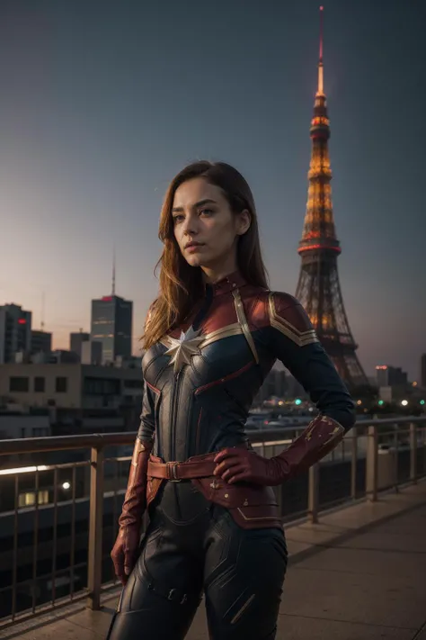 cptMarvel,bodysuit, red gloves, belt,<lora:cptmarvel-nvwls-v1:0.9>, in (New Media Art style:1.3), dusk, tokyo tower, Blue Hour Light, <lora:epiCRealismHelper:1>