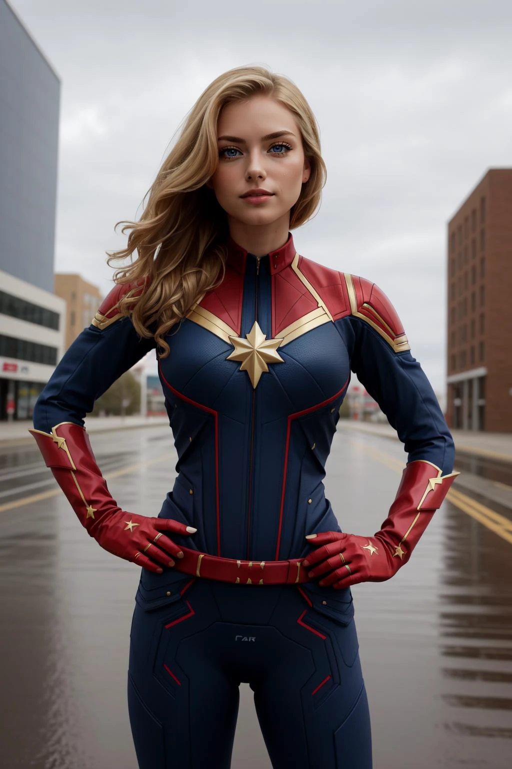 (masterpiece, best quality), intricate details,
1girl, <lora:cptmarvel-nvwls-v1:0.8> cptMarvel, bodysuit, red gloves, belt, blonde hair, blue eyes,
city, rain, wet, hands on hips, proud,
