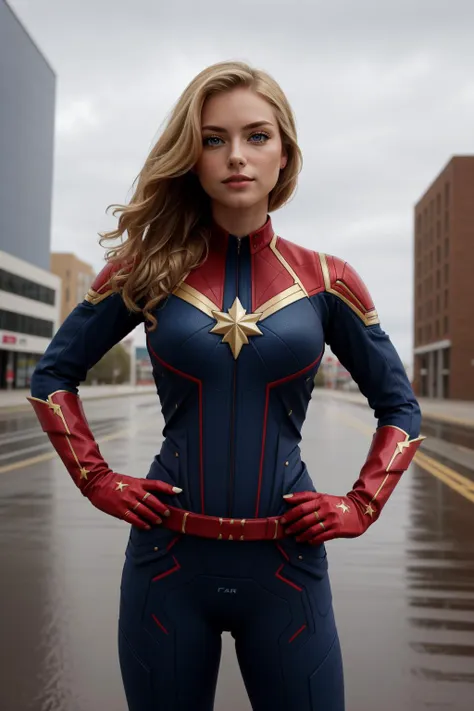 (masterpiece, best quality),  intricate details,
1girl,    <lora:cptmarvel-nvwls-v1:0.8> cptMarvel, bodysuit, red gloves, belt, blonde hair, blue eyes, 
city, rain, wet, hands on hips, proud,