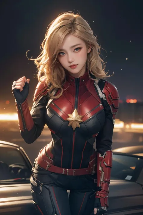 realistic, photorealistic, best quality, masterpiece, ultra high res, finely detailed, quality, realistic lighting, detailed skin, intricate details, raw photo, absurdres, highres, ultra detailed, BREAK, 1girl, solo, looking at viewer, 18 years old, hand of Guido Daniele, (cptmarvel, bodysuit, red gloves, belt, blonde hair, cityscape with a beautiful night view, leaning forward, large breasts, toned, smile, hand up, fist, solo focus, blush), (beautifu and aesthetic face, detailed face, clean facial features, an extremely delicate and beautiful, beautiful detailed eyes, stars in the eyes, Pink lips, Glowing Eyes, perfect face, detailed pupils, Makeup:1.1), (nice hands, sexy, slim, large breasts, skinny, narrow waist, human anatomy:1.1), (detailed light, beautiful detailed glow, detailed background:1.1), (reflection, refraction, Rembrandt lighting, diffuse lighting, radiosity, photon mapping, subsurface scattering, dynamic lighting, Multi-exposure HDR capture, Screen Space Global Illumination, Ray Tracing, Lumen Reflections, Tone Mapping, volumetric lighting, Circular polarizer, broad lighting, dramatic lighting:1.1), BREAK, explosive light and shadow, sharp focus, film grain, rim lighting, two tone lighting, rim light, Overdetailed art, official art, beautiful and aesthetic, beautiful, elegant, vivid colours, warm tone, soft light, delicate, Ultrarealistic, Detailed illustration, extremely detailed CG Unity 8k wallpaper, PBR Texturing, huge filesize, 8k uhd, octane render, unreal engine 5, BREAK, <lora:GoodHands-beta2:1>, <lora:cptmarvel-nvwls-v1:1>