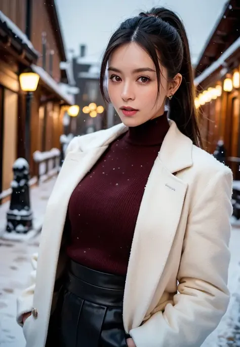 pony tail,woman, 
(looking at viewer),parted lips,winter clothes, snow,city,skirt,floating hair, 
shiny skin, skindentation,realistic,