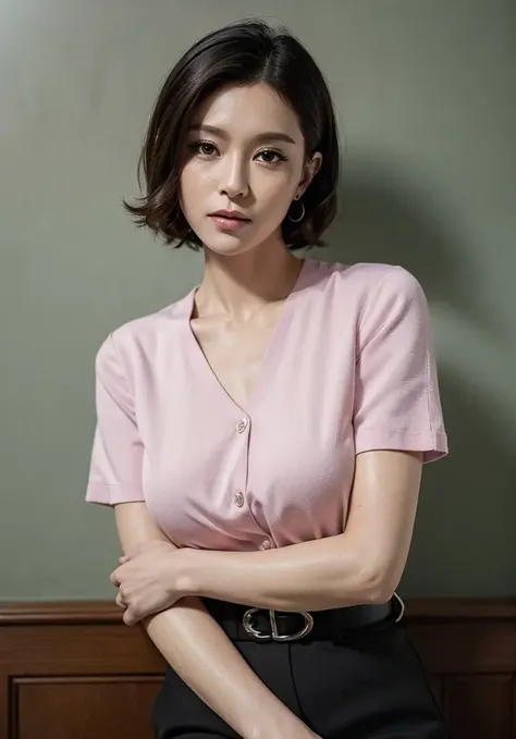 woman, short hair,pink shirt, black skirt, looking at viewer, parted lips, (photorealistic:1.4),(masterpiece:1.4),(best quality:1.4),ultra high res,HDR,8k resolution,original,finely detail,
shiny skin, skindentation,realistic,