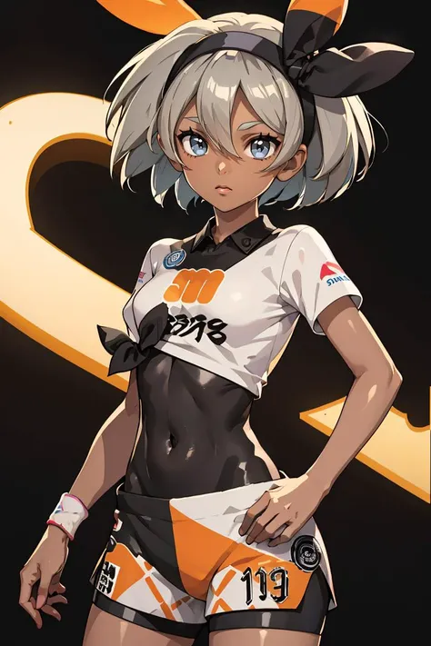 (masterpiece, best quality), 1girl, <lora:bea_(pokemon):0.8> aabea,dark skin,short hair,hair between eyes,bow hairband,black hairband,eyelashes,black bodysuit,bodysuit under clothes,print shirt,tied shirt,short sleeves,dynamax band,single glove,partially fingerless gloves,covered navel,print shorts,knee pads,barefoot,
