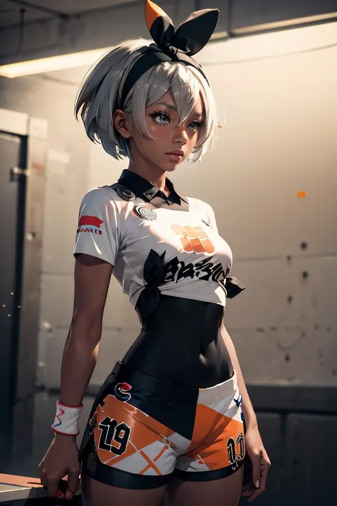 (masterpiece, best quality), 1girl, <lora:bea_(pokemon):0.8> aabea,dark skin,short hair,hair between eyes,bow hairband,black hairband,eyelashes,black bodysuit,bodysuit under clothes,print shirt,tied shirt,short sleeves,dynamax band,single glove,partially fingerless gloves,covered navel,print shorts,knee pads,barefoot,