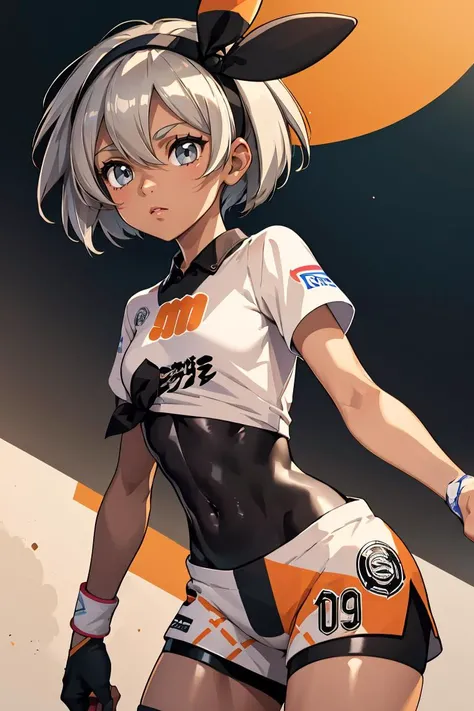 (masterpiece, best quality), 1girl,  <lora:bea_(pokemon):0.8> aabea,dark skin,short hair,hair between eyes,bow hairband,black hairband,eyelashes,black bodysuit,bodysuit under clothes,print shirt,tied shirt,short sleeves,dynamax band,single glove,partially fingerless gloves,covered navel,print shorts,knee pads,barefoot,