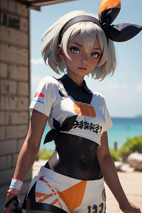 (masterpiece, best quality), 1girl, <lora:bea_(pokemon):0.8> aabea,dark skin,short hair,hair between eyes,bow hairband,black hairband,eyelashes,black bodysuit,bodysuit under clothes,print shirt,tied shirt,short sleeves,dynamax band,single glove,partially fingerless gloves,covered navel,print shorts,knee pads,barefoot,