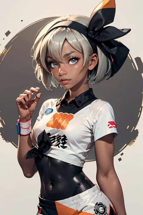 (masterpiece, best quality), 1girl, <lora:bea_(pokemon):0.8> aabea,dark skin,short hair,hair between eyes,bow hairband,black hairband,eyelashes,black bodysuit,bodysuit under clothes,print shirt,tied shirt,short sleeves,dynamax band,single glove,partially fingerless gloves,covered navel,print shorts,knee pads,barefoot,