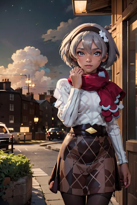(masterpiece, best quality), 1girl, <lora:bea_(pokemon):0.8> ccbea,dark skin,short hair,hair between eyes,black hairband,white flower,eyelashes,red scarf,white sweater,long sleeves,belt,brown skirt,pantyhose,black pantyhose,boots,brown footwear