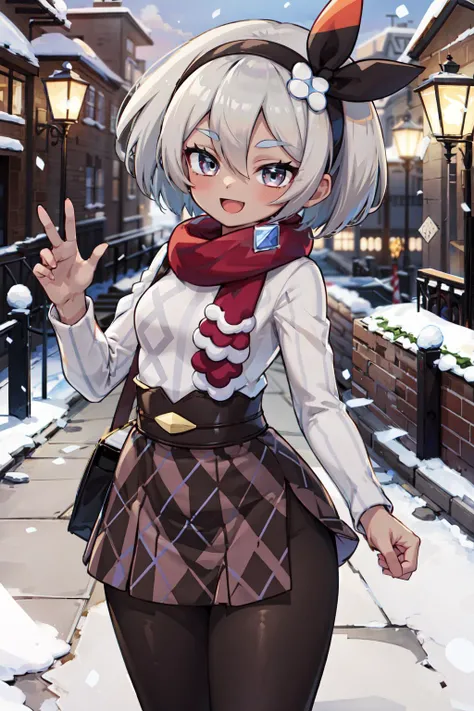 masterpiece, best quality, ultra-detailed, extremely detailed,illustration, 1girl, solo, outstretched arm, ccbea,dark skin,short hair,hair between eyes,black hairband,white flower,eyelashes,red scarf,white sweater,long sleeves,belt,brown skirt,pantyhose,black pantyhose,boots,brown footwear, snow, street, thighs, looking at viewer, blush, smile, open mouth, cowboy shot, <lora:bea_(pokemon):0.8> <lora:sensualface_type2:0.5>