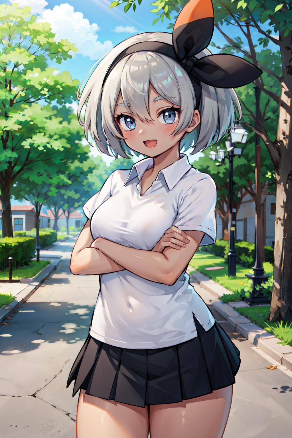 Anime girl in short skirt and white shirt standing on street - SeaArt AI