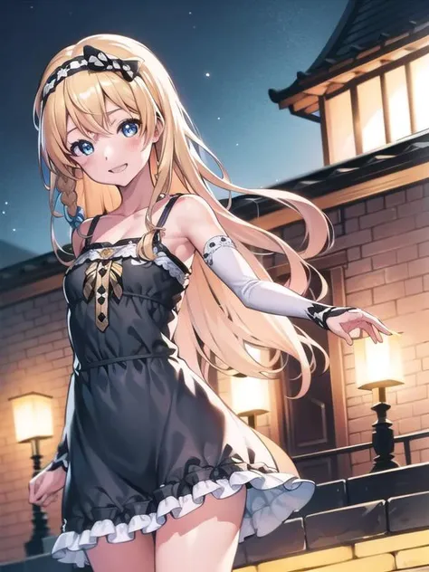 (hyper extreme detailed:0.8),(masterpeace),(hyper extreme),(photorealistic),CG,(colour:1.2), beautiful lighting,light from the front,official art, 1girl, sunny day,outdoor for park,looking at viewer,view straight on, <lora:uzuki_kagura:1>,uzuki_kagura,blonde hair, hairband, blue eyes, black idol dress,