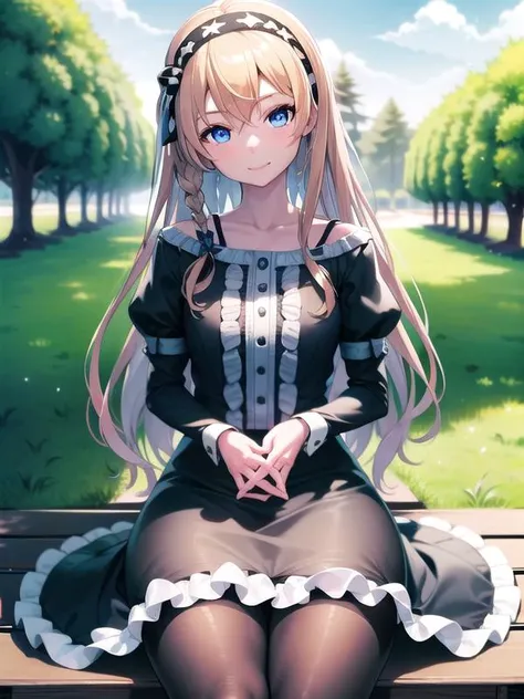 (hyper extreme detailed:0.8),(masterpeace),(hyper extreme),(photorealistic),CG,(colour:1.2), beautiful lighting,light from the front,official art, 1girl, sunny day,outdoor for park,looking at viewer,view straight on, <lora:uzuki_kagura:1>,uzuki_kagura,blonde hair, hairband, blue eyes, black dress, black and white for striped pantyhose,