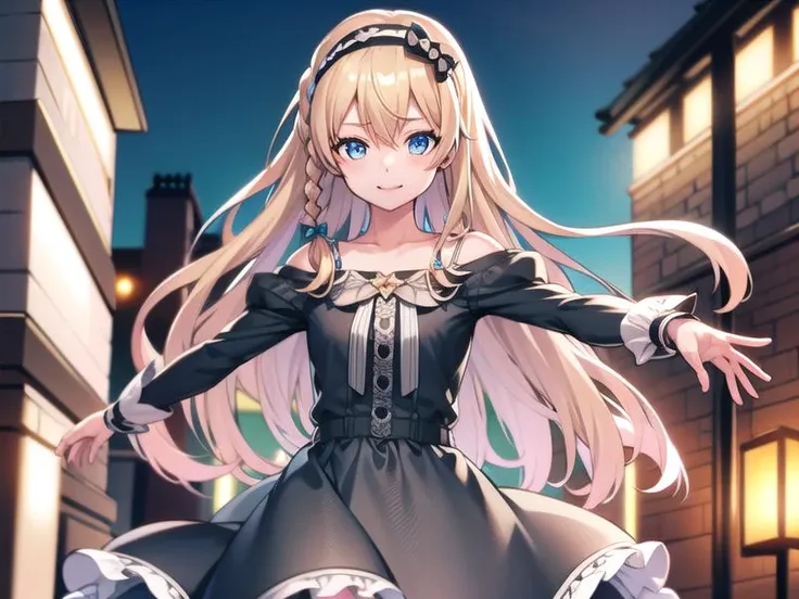 (hyper extreme detailed:0.8),(masterpeace),(hyper extreme),(photorealistic),CG,(colour:1.2), beautiful lighting,light from the front,official art, 1girl, sunny day,outdoor for park,looking at viewer,view straight on, <lora:uzuki_kagura:1>,uzuki_kagura,blonde hair, hairband, blue eyes, black dress,