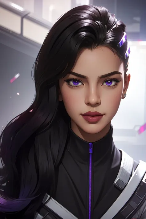 (masterpiece, best quality),  intricate details, 8k, artstation, wallpaper, official art, splash art, sharp focus,
 <lora:sombraOverwatchLORA_v2:0.8> sombra, lipstick,