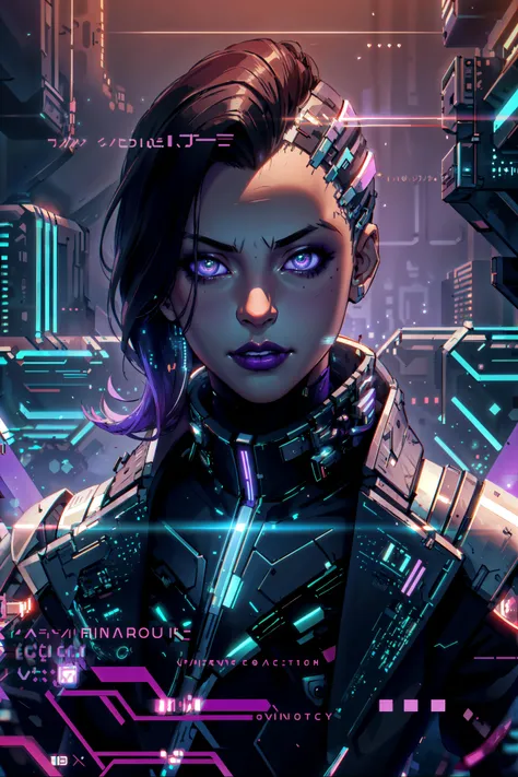 <lora:HackedTech-20:0.7> hackedtech, scifi, cyberpunk, data stream, (masterpiece, best quality, realistic, highly detailed:1.2), (purple glow:1.1), pixelated, distortion, half shot, (1girl), (glistening eyes:0.8), simple background, <lora:sombraV2:0.6> sombra, lipstick,