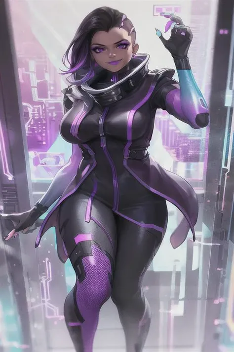 1girl, dark-skinned female, bodysuit, purple coat, high collar, legwear ,asymmetrical hair, purple eyes, purple hair, purple lips, mascara, mole under eye, seductive pose, eyeliner, eyeshadow, wide smile expression, <lora:sombraV1A:0.7>, perfect arms, nail polish, holographic interface, cyberpunk, hacker room, very detailed background, masterpiece, best quality, HDR, high quality, high-definition, CG