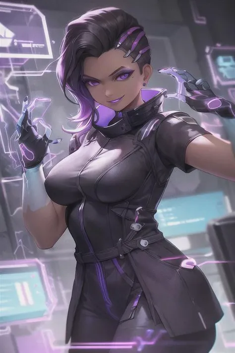 1girl, dark-skinned female, bodysuit, coat, trench coat, turtleneck, high collar, legwear, gloves, short sleeves, asymmetrical hair, purple eyes, purple hair, purple lips, mascara, mole under eye, seductive pose, eyeliner, eyeshadow, wide smile expression, <lora:sombraV1A:0.7>, hologram, holographic interface, perfect arms, nail polish, cyberpunk, hacker room, very detailed background, masterpiece, best quality, HDR, high quality, high-definition, CG