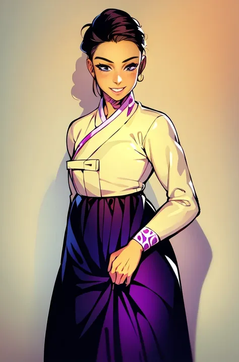 masterpiece, 4k, intricate details, 1girl,dark skin, illustration, purple clothes, , <lora:sombraOverwatchLORA_v2:0.0.6>,confident smile, mean eyes, decorative, black and purple clothes,  smirk, hanbok,sfw, one side of hair shaven, Latina,  <lora:Hanbok_LoRA_V2:0.8>,wide skirt ,