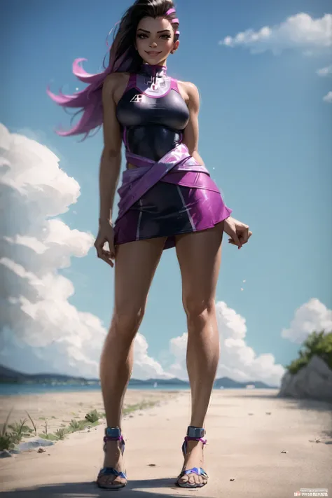 sombra, 1girl, (lipstick, makeup, mascara, eyeshadow, eyeliner, long fingernails, nail polish:0.4), one-piece swimsuit, athletic waist skirt, smug smile, standing at the beach, sky with clouds, highly detailed, trending on artstation, best quality <lora:sombraOverwatchLORA_v2:0.5>