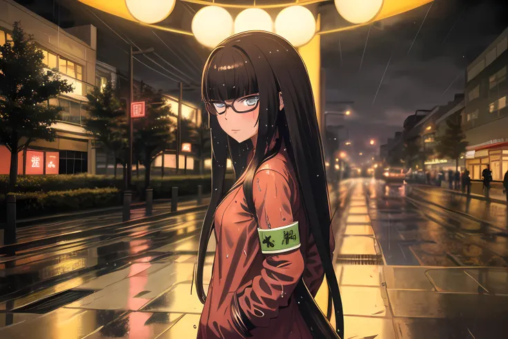 masterpiece, best quality, <lora:Hiei_Aoki:0.7>, 1girl, (without glasses) ,serious,amber eyes, detailed, rain, raincoat, (hands in pockets), wet, pavement, jeans, city,night, street, neon, looking back, star \(sky\), crowd, upper body, autumn, looking at viewer