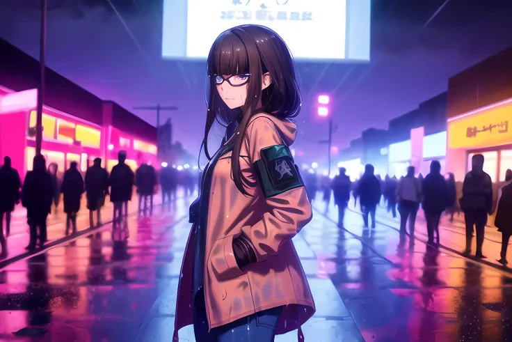 masterpiece, best quality, <lora:Hiei_Aoki:0.7>, 1girl, serious,amber eyes, detailed, rain, raincoat, (hands in pockets), wet, pavement, jeans, city,night, street, neon, looking back, star \(sky\), crowd, upper body, autumn, looking at viewer