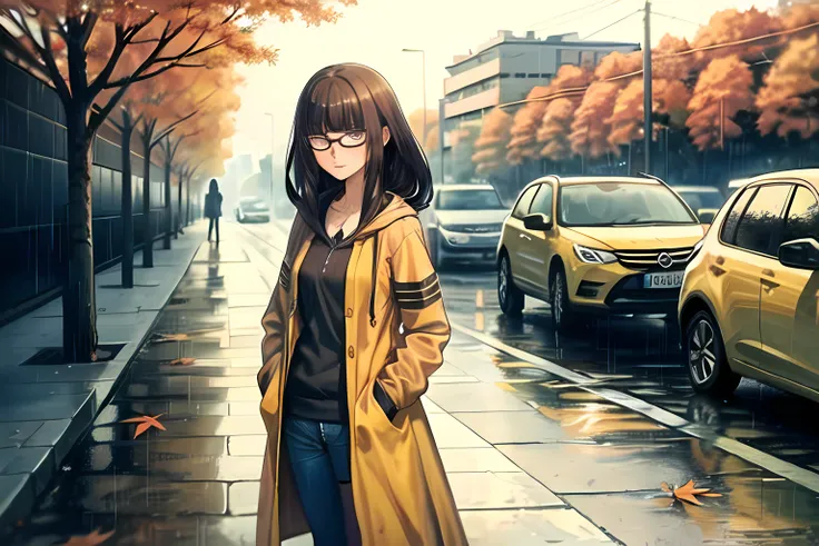 masterpiece, best quality, <lora:Hiei_Aoki:0.7>, 1girl, serious,amber eyes, detailed, rain, raincoat, (hands in pockets), wet, pavement, jeans, city, cars, peoples,rain, street, autumn, fall yellow leaves, looking at viewer