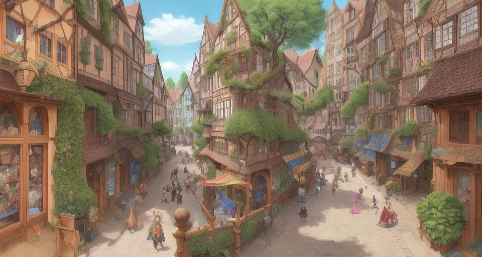 Whimsical and intricately detailed cartoon style, (by Jean-Jacques Loup's) (by Martin Hanford) (by Michael Ryba) (Children's Games by Pieter Bruegel the Elder). The camera is looking down from up high to a scene featuring a bustling medieval market in the heart of a fantasy town. there is a large crowd of vendors and shoppers and street entertainers that are grouped in smaller groups of 2 and 3, The street is paved with cobblestone, The architecture is whimsical, with exaggerated, crooked buildings and colorful stalls filled with exotic goods. Let nature take over in this architectural playground. Vines crawl across walls, weaving through balconies and draping windows in emerald curtains. Trees sprout from rooftops, their roots snaking down through floors and creating natural bridges between buildings. Birds nestle in gargoyle nooks, and butterflies flutter through open doorways, bringing a touch of life to the whimsical chaos.
<lora:akihikoYoshidaBravelyDefault_1:0.4> <lora:Bespin-epoch-000004:0.4> <lora:kyouyasai4423_20230113-epoch-000004:0.6>