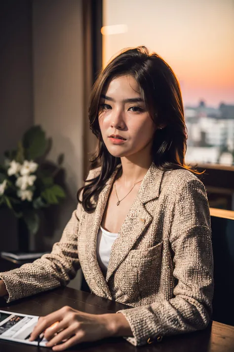 1girl,solo, blazer office, (dslr),flowers,sunset,in dark,dark theme, masterpiece,official art,best quality,ray tracing,volumetric light,realistic,photorealistic,ultra highres,vivid,