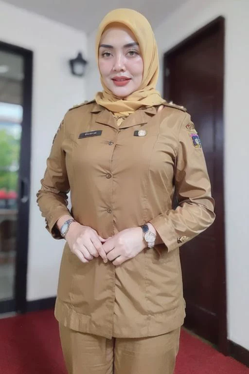 (8k, (RAW photo:1.2), (photorealistic:1.3), realistic, photorealistic, best quality, depth of field, ultra high res, masterpiece, chromatic aberration:1.1), (looking at viewer:1.21), (woman wearing hijab), breasts, thighs, <lora:PNS:1> uniform, closed eye, open mouth, bag, hug, , selfie, smile