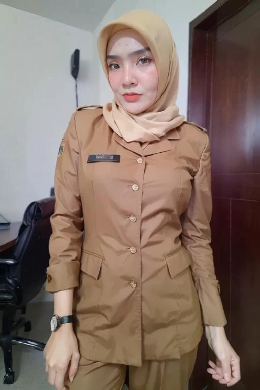 (8k, (RAW photo:1.2), (photorealistic:1.3), realistic, photorealistic, best quality, depth of field, ultra high res, masterpiece, chromatic aberration:1.1), (looking at viewer:1.21), (2 woman wearing hijab), breasts, thighs, <lora:PNS:0.8> uniform, pants