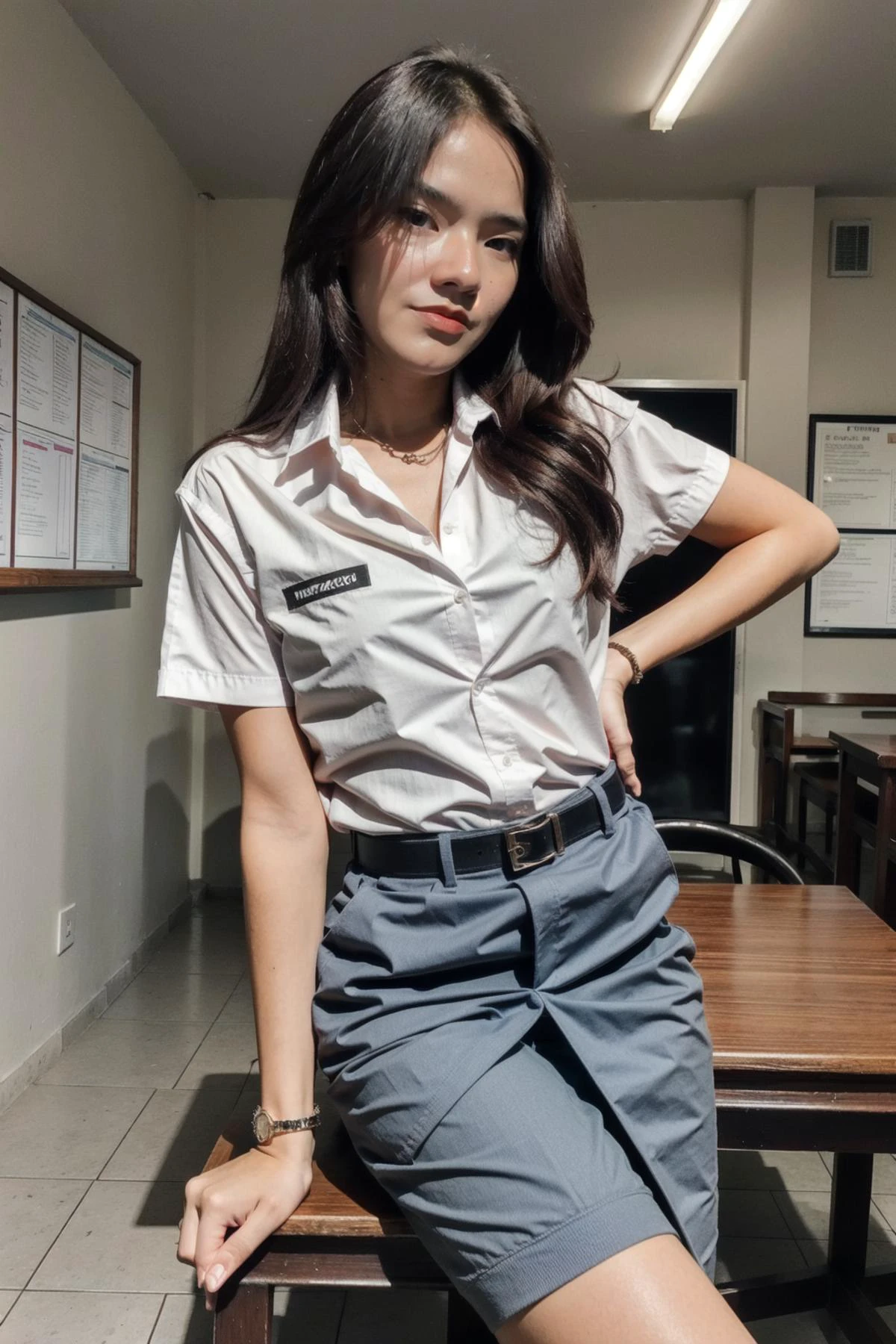 Instagram photo of of cute thin 20 years old Indonesian girl with small breasts (medium brown hair), seductive, sensual look, arm behind back, (cowboy shot), Sma_uniform (unbuttoned), schoolgirl uniform, high school uniform, white shirt, grey skirt, standing in classroom, looking at viewer, facing camera <lora:A_SMA_Uniform_v1a:0.9>