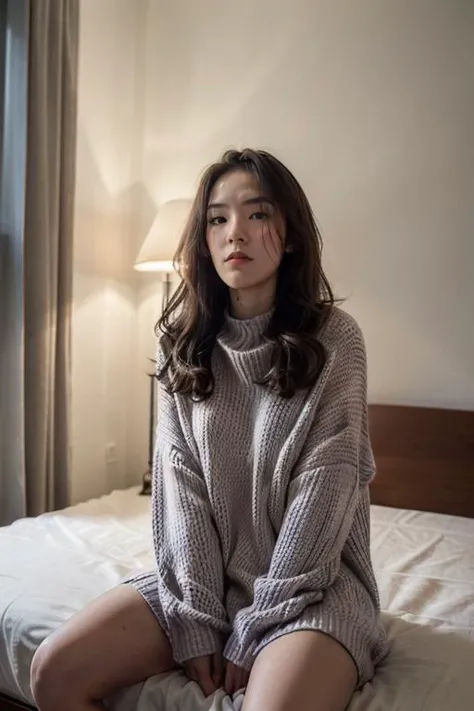 <lora:betterCuteAsian03:0.3>, (oversized_sweater:1.3), colorful oversized_sweater, good hand,4k, high-res, masterpiece, best quality, head:1.3,((Hasselblad photography)), sharp focus, (cinematic lighting), night, soft lighting, dynamic angle, [:(detailed face:1.2):0.2],(((sitting on a bed))), offshoulder, <lora:oversized_sweater:0.5>