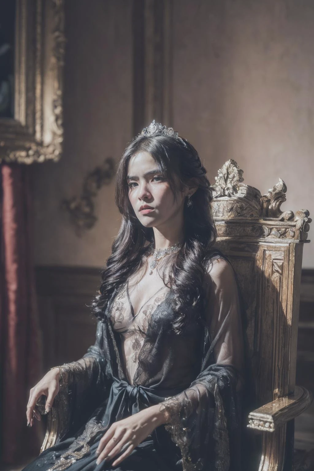 (((epic-Ultra-HD-details, epic-Ultra-HD-highlights, photo-same-realistic, upscaled-resolution, top-ranking, relaxed, 8k, RAW-photo, best-quality, masterpiece:1.2))),(petite-body, long-black-hair,(glass-like-see-through-fabric, see-through), small-breasts, Face of poor Indonesian 1800 princess in royal-robe, girl looking at viewer, throne-room, photorealistic, moody colors, gritty, messy style of Alexey Savrasov, Ivan Shishkin, Ilya Repin, highly detailed,<lora:add_detail:0.7>