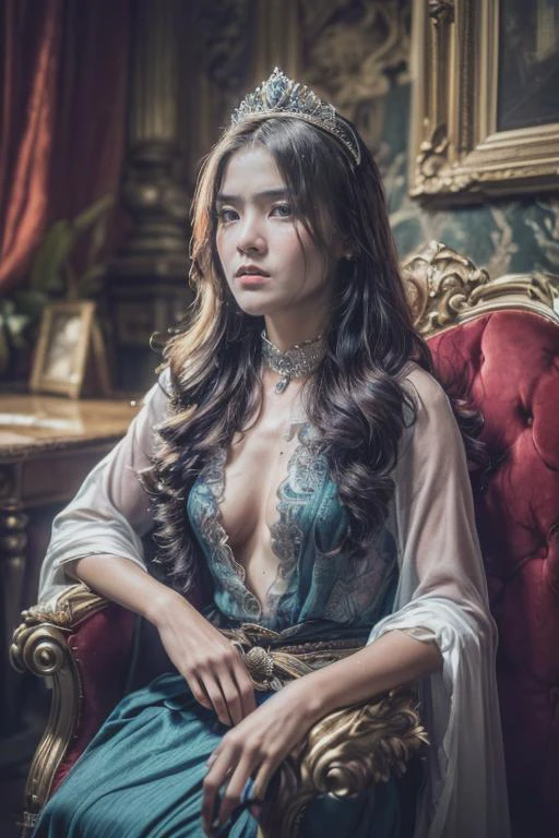 (((epic-Ultra-HD-details, epic-Ultra-HD-highlights, photo-same-realistic, upscaled-resolution, top-ranking, relaxed, 8k, RAW-photo, best-quality, masterpiece:1.2))),(petite-body, long-black-hair,(glass-like-see-through-fabric, see-through), small-breasts, Face of poor Indonesian 1800 princess in royal-robe, girl looking at viewer, throne-room, photorealistic, moody colors, gritty, messy style of Alexey Savrasov, Ivan Shishkin, Ilya Repin, highly detailed,<lora:add_detail:0.7>