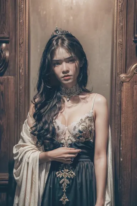 (((epic-Ultra-HD-details, epic-Ultra-HD-highlights, photo-same-realistic, upscaled-resolution, top-ranking, relaxed, 8k, RAW-photo, best-quality, masterpiece:1.2))),(petite-body, long-black-hair,(glass-like-see-through-fabric, see-through), small-breasts, Face of poor Indonesian 1800 princess in royal-robe, girl looking at viewer, throne-room, photorealistic, moody colors, gritty, messy style of Alexey Savrasov, Ivan Shishkin, Ilya Repin, highly detailed,<lora:add_detail:0.7>