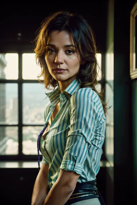 portrait photo of andreadeOli1,(blue and green striped shirt), (dirty blonde hair), alluring portrait, intricate, highly detailed, digital painting, artstation, concept art, naughty, sharp focus, cinematic lighting, illustration, art by artgerm and greg rutkowski, alphonse mucha, cgsociety