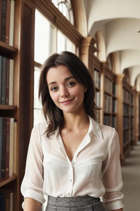 50mm f1.2, masterpiece photograph of
cute 19 year old j andreadeOli1 flirty smile, eye contact
wearing see-through white silk blouse, grey tweed wool skirt
, detailed glossy eyes, sharp focus, hyper-detailed,
university library interior