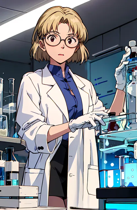 masterpiece, best quality, 1girl, Ritsuko, short blonde hair, lab coat, skirt, (at the lab doing science:1.2), <lora:evangelion_anime_style_offset:1>,