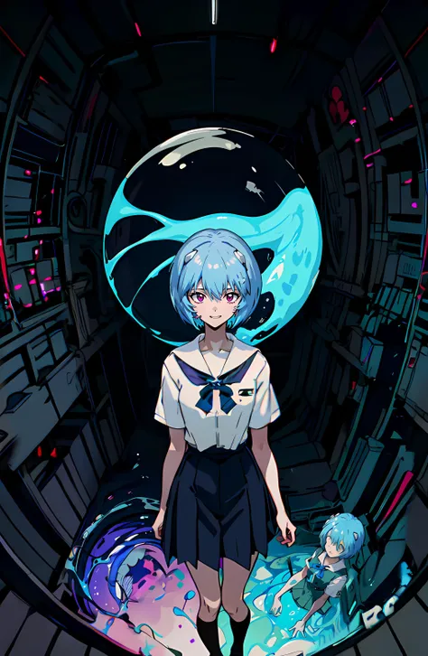 masterpiece, high res, 1girl, solo, Rei ayanami, blue short hair, school uniform, skirt, grinning, (red empty eyes:1.0), (at the EVA hangar:1.2),  insane expression, (profile:0.2),  <lora:evangelion_anime_style_offset:1>, (LSD trip, melting scenery, slimy, glow, colours:1.2), fisheye lens,