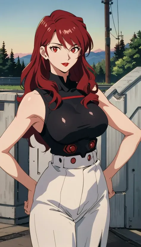 evangelion anime style, anime screencap, 1990s_\(style\), ((masterpiece)), (best quality), (ultra-detailed), best artist, realistic, 4k wallpaper, detailed face, (seductive smiling), 1girl, ((long hair, red hair, red eyes)), (red lipstick, parted lips, seductive smiling), Persona3Mitsuru, large breasts, thick thighs, skindentation, standing, cowboy shot, looking at viewer, outdoors, hands on hips, oiled skin:0.4, (shiny skin), ((correct composition)) <lora:Persona3Mitsuru:0.8>, <lora:evangelion_anime_style_offset:0.7>