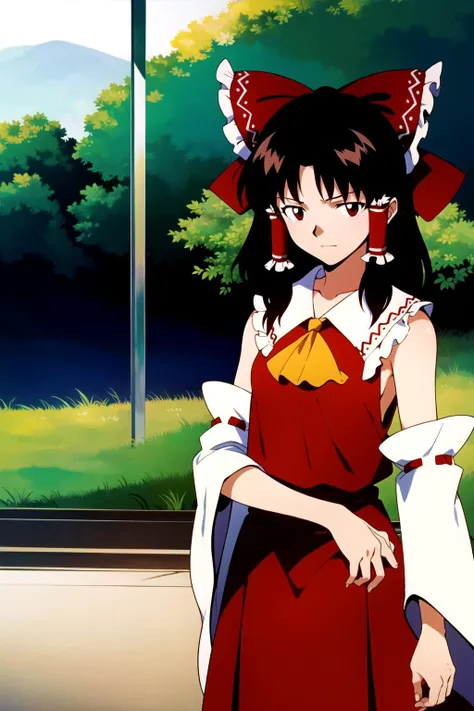 <lora:evangelion_anime_style_offset:1>, masterpiece, best quality, 1girl, cowboy shot, (Hakurei Reimu), Touhou, evangelion anime style, anime screencap, 1990s_\(style\)