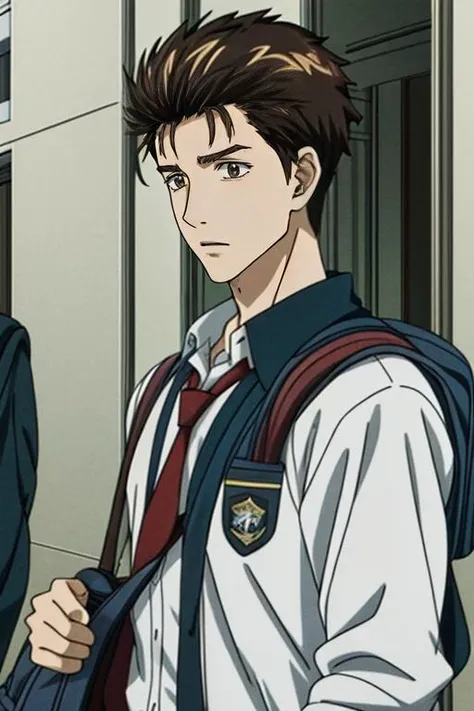 (masterpiece:1.21),(illustration:1.1),best quality,delicate details,refined rendering,Anime style,anime cgi,extremely detailed CG unity 8k wallpaper,shinichi,1boy,adult,185cm slim male,tall,thin,solo,portrait,necktie,<lora:add_detail:1>,going to school with a schoolbag,<lora:Parasyte-shinichi:1>,shinichi
