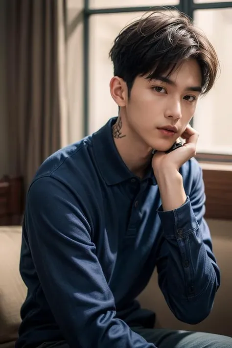 ((masterpiece)),((bestquality)),8k,high detailed,ultra-detailed,photography,award winning,documentary,Original Photo,Realisticity,(indoors background:1.35),1boy,solo male,slim Asian boy,male focus,solo,handsome face,real skin texture,well-proportioned hands,think eyebrow,medium full shot,(different face features:1.45),([Glare-free lighting|Backlighting|volumetric lighting|Practical special effect lighting]),portrait,[look at viewer|Grabbing|holding gun|arm support|in container|Fighting],<lora:add_detail:0.95>,<lora:muscle_slider_v1:-0.35>,<lora:weight_slider_v2:-0.35>,Happy Birthday,Parted Lips,Polo shirt,Jeans,Anchor tattoo,Loafers,Buzz Cut Haircut,Stubble,