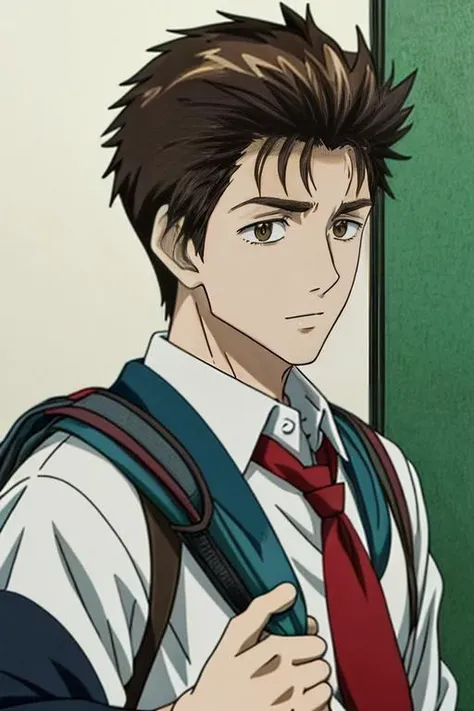(masterpiece:1.21),(illustration:1.1),best quality,delicate details,refined rendering,Anime style,anime cgi,extremely detailed CG unity 8k wallpaper,shinichi,1boy,adult,185cm slim male,tall,thin,solo,portrait,necktie,<lora:add_detail:1>,going to school with a schoolbag,<lora:Parasyte-shinichi:1>,shinichi