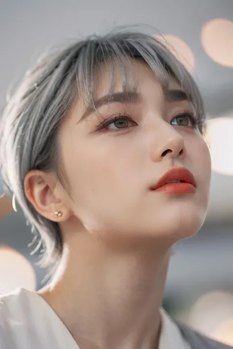 (masterpiece:1.35),(bestquality:1.4),8k,ultra-detailed,photography,(ultra-realistic:1.4),film grain,Fujifilm XT3,1girl,aisan slim female,solo,eyeliner,eyelashes,eyeshadow,lips,random_color_lipstick,random_color_nail_polish,stylish_chlothing,(Depressed,Bokeh lighting,looking up,wormâs eye view:1.45),(Light grey Hair,very short hair,slicked Back hair,asymmetrical bangs:1.37),