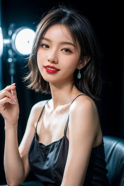 (((masterpiece))),((bestquality)),8k,high detailed,ultra-detailed,photography,award winning,documentary,Original Photo,Realisticity,(simple background:1.35),1girl,solo,((Asian slim girl)),solo,beautiful asian girl face,slim body,((real skin texture)),(well-proportioned hands),eyeliner,eyelashes,random color lipstick,random color nail polish,earring,Portrait,
Giggling,Extra Mouth,([Courtroom lighting|Kino Flo lighting|top light|Accent lighting]),in the studio,[looking away|Fly|holding microphone|arm hug|stylish pose|Flexing],<lora:add_detail:1>,<lora:muscle_slider_v1:-0.4>,<lora:weight_slider_v2:-0.35>,Aquamarine Hair,black long straight,