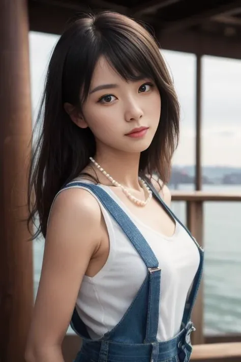 ((masterpiece)),((bestquality)),8k,high detailed,ultra-detailed, depth of field, wide angle,1girl, female focus, solo, beautiful face, Neutral Expression, Stylish Pose, ,real skin texture,front lighting,portrait, slim bodyshape,skinny,suspender_shorts,pearl_necklace,Turning,finger gun,Akashi_Kaikyo_Bridge,